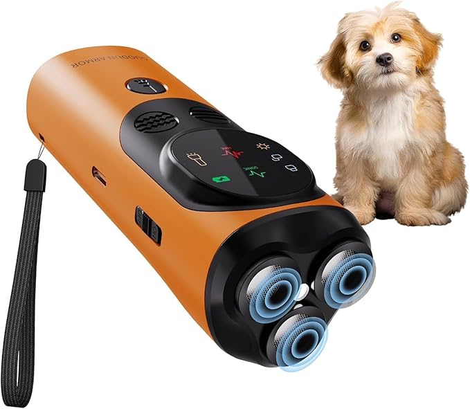 Anti Barking Device for Dogs, 3X Ultrasonic Dog Bark Deterrent Device with Training Modes Stop Neighbors Dog Barks, Portable Dog Training Tool with Flashlight Indoor Outdoor Use, Orange, Black