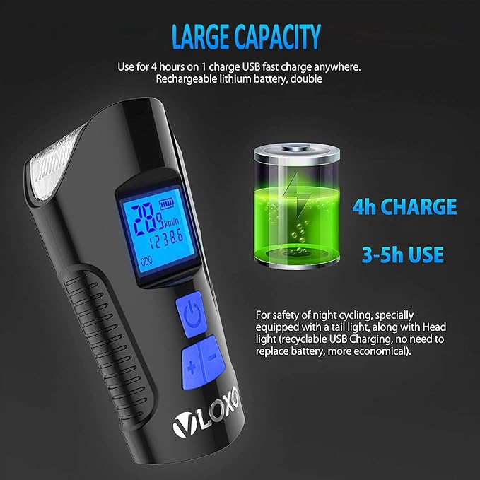 VLOXO Bike Speedometer with LED Bike Light, IP65 Waterproof Bicycle Odometer with Horn LED Front & Tail Light USB Rechargeable Bicycle Computer