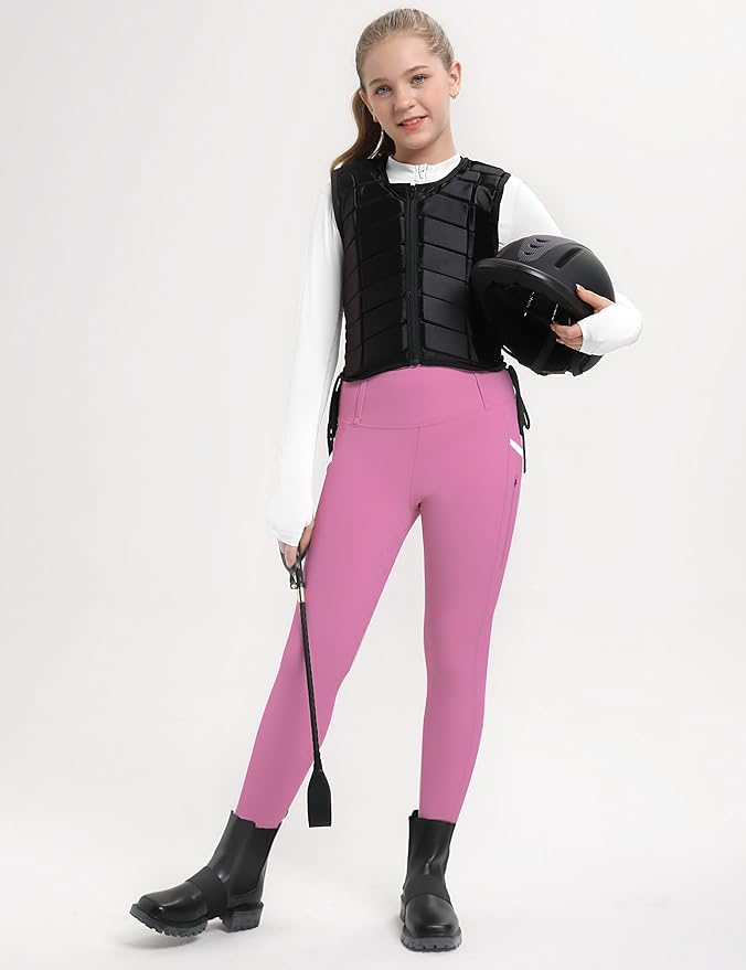 FitsT4 Sports Girls Riding Pants Full Seat High Waist Kids Equestrian Breeches Horse Schooling Tights Zipper Pockets