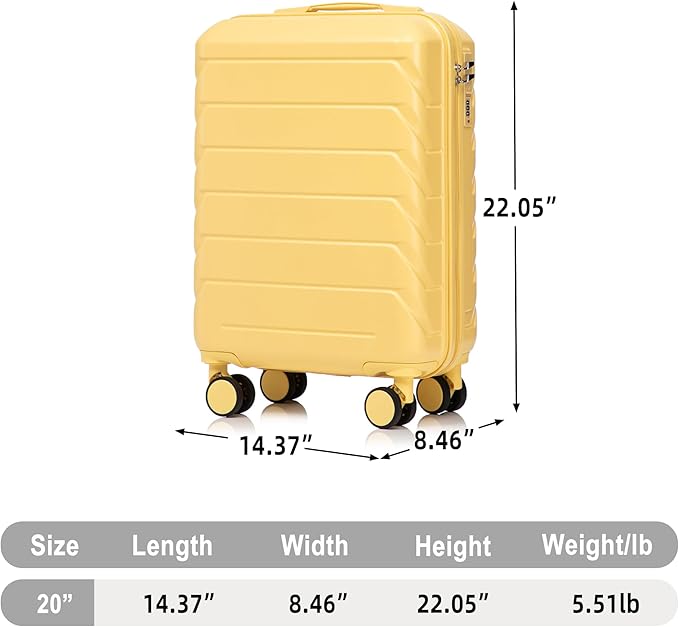 20 Inch ABS Hard Shell Travel Checked Luggage With Combination Lock, Yellow