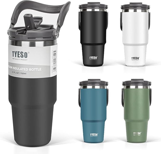 TYESO Tumbler with Handle,Tumbler with Straw, Vacuum Insulated Water Bottle,Double Wall Stainless Steel Coffee Cup Travel Mug Leak Proof Flip (Black, 40 oz)