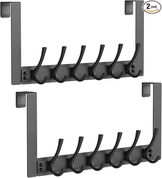 BAKON 2 Packs Over The Door Towel Rack with 6 Hooks, Heavy Duty Over Door Hooks for Hanging Clothes Coat Hat Jacket, Door Hanger Home Organizer for Bathroom Closet Bedroom Kitchen