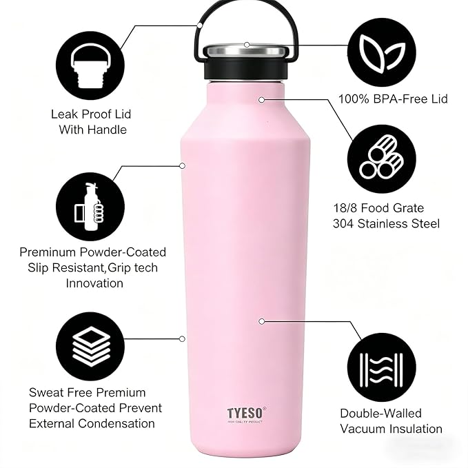 TYESO Stainless Steel Vacuum Insulated Water Bottle, Insulated Water Bottle with Soft Silicone Carry Handle (PINK, 17 OZ)