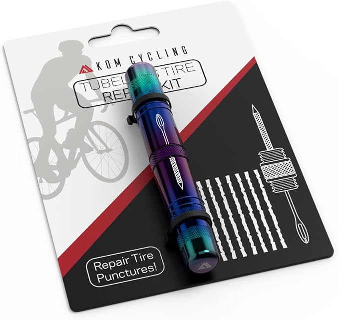 KOM Cycling Tubeless Tire Repair Kit for Bikes 8 Colors! Fixes Mountain Bike and Road Bicycle Tire Punctures – Includes Tire Repair Fork Reamer, 8 Bacon Strips. Tubeless Bike Repair Kit