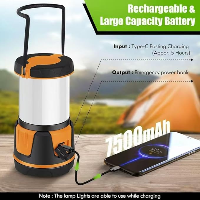 Rechargeable LED Lantern - 3000 Lumens, 5 Light Modes, IP54 Waterproof, 7500mAh Battery, Portable Flashlight for Camping, Hiking, Power Outages & Emergencie (Orange)