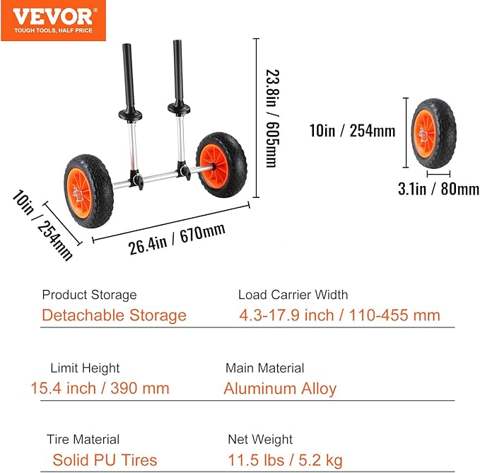VEVOR Kayak Cart, 230/250lbs Canoe Cart Dolly with 7.5in/10in Solid Rubber Tires & Kickstand, Adjustable Width, Detachable Portable Watercraft Cart for Kayaks, Canoes, Paddle Boards