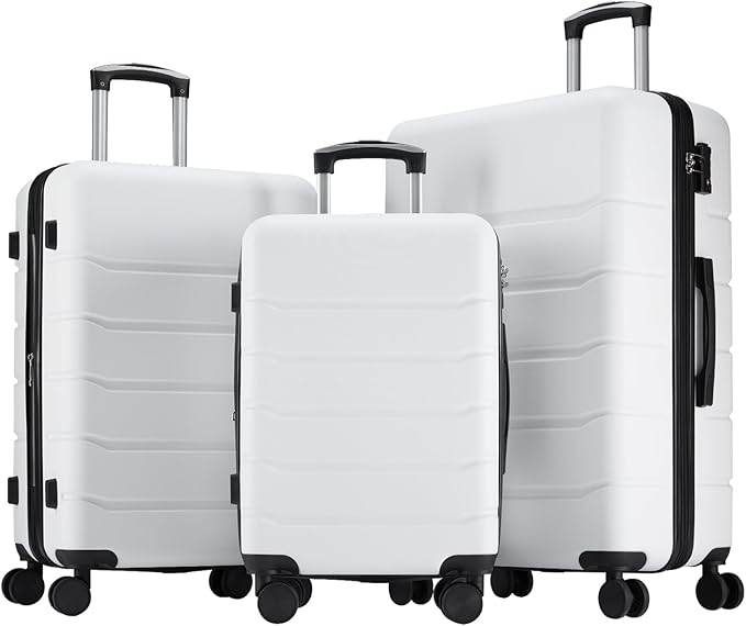 OLIXIS 3点セットスーツケース スピナーホイール付きハードサイド荷物 軽量ABSハードシェル旅行かばん 拡張可能な機内持ち込みスーツケース TSA承認ロック付き – ホワイト (20+24+28インチ)