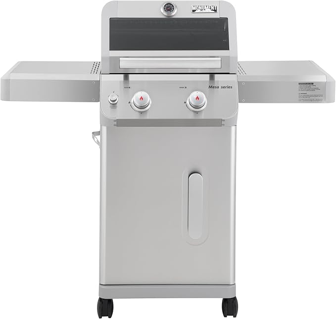 Monument Grills 2バーナー ステンレススチール製液化プロパンガスグリル、折りたたみ式サイドシェルフ2つ、Clearview®蓋、ノブコントロール、Mesa200S BBQカバー付き