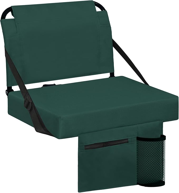 Stadium Seats for Bleachers with Back Support Bleacher Seat Soft Cushion Light Weight Includes Shoulder Strap & Cup Holder, Front & Back Zipper Pocket, Suitable for Sports Events,Green
