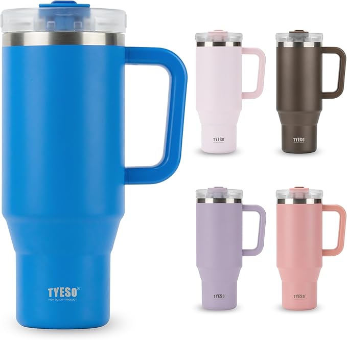TYESO Vacuum Insulated Tumbler Water Bottle Cold Insulation Stainless Steel Bottle Straw Handle Mug Double Wall Wide Mouth (KLEIN BLUE, 40 oz)