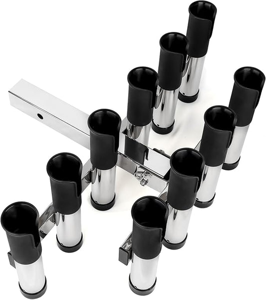 トラック用調整可能釣り竿ホルダー（2インチヒッチレシーバー対応） – 6〜10本のロッドを収納、3段階の角度調整、クイックリリース、揺れ防止弾性ストラップ、ステンレス製釣り竿ホルダー