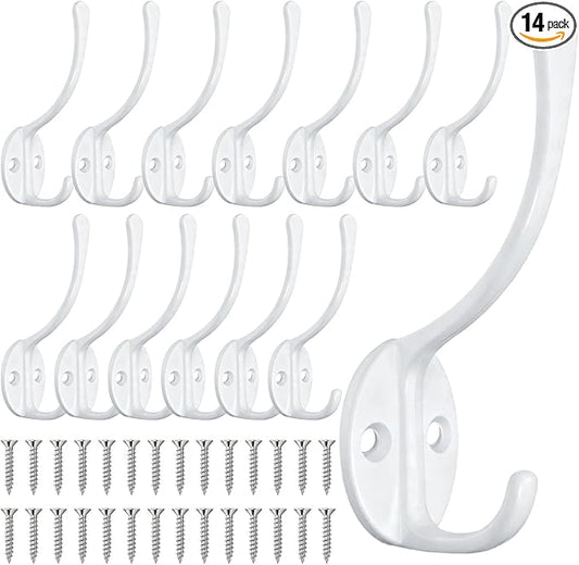14 Pack Coat Hooks Wall Mounted with 28 Screws, Heavy Duty White Towel Hooks Metal Double Hooks, No Rust Retro Rustic Wall Hooks for Hanging Towel, Coat, Scarf, Bag, Hat, Cup, Key