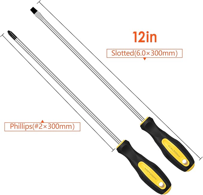 2pcs Long Magnetic Screwdriver Set, 12in Extra Long Phillips and Slotted Screwdriver, with Non-Slip Cushioned Handle Grip