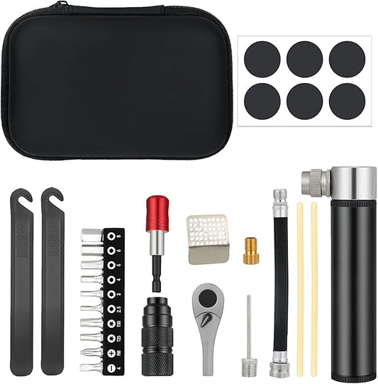 28Pcs Bike Tool Kit Portable, 1/4 Inch Small Torque Wrench Magnetic Ratchet Screwdriver Set, Bicycle Repair Kit Compact for Mountain Road Electric E Ebike, Bike Tire Tube Patch with Mini Pump