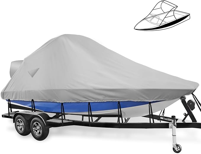 Wake Tower Boat Cover - 900D Marine Heavy Duty Waterproof, Fits 23-25ft V Hull Runabout Ski-Boats, Gray