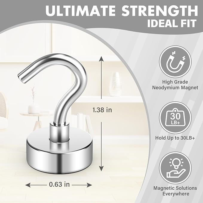 8 Pack Magnetic Hooks for Cruise Cabins, 30 LB Neodymium Magnets with Hooks, Heavy Duty Magnet Hooks for Hanging, Kitchen, Office, Towels, Curtains, Mug Holders (Silver)