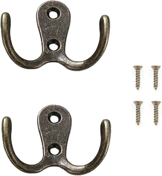 2 Pcs Double Prong Robe Hooks, Dual Coat Hooks Wall Mounted Hanging Clothes for Bathroom Bedroom Door Wall Retro Metal Cloth Hanger Double Coat Hooks with 4 Screws (Vintage)
