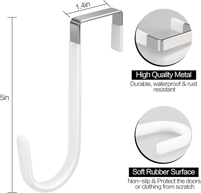 20 Pack Over The Door Hook, Door Hooks, White Rubber Surface Prevent Scratch Door Hanger Hooks for Bathroom, Living Room, Kitchen, Hanging Clothes, Towels, Bags