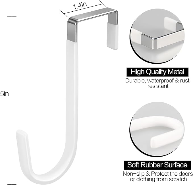 4 Pack Over The Door Hooks, Fits Doors Less Than 1.4in Thick, White Rubber Surface Prevent Scratch Door Hanger Hooks for Bathroom, Living Room, Kitchen, Hanging Clothes, Towels, Bags