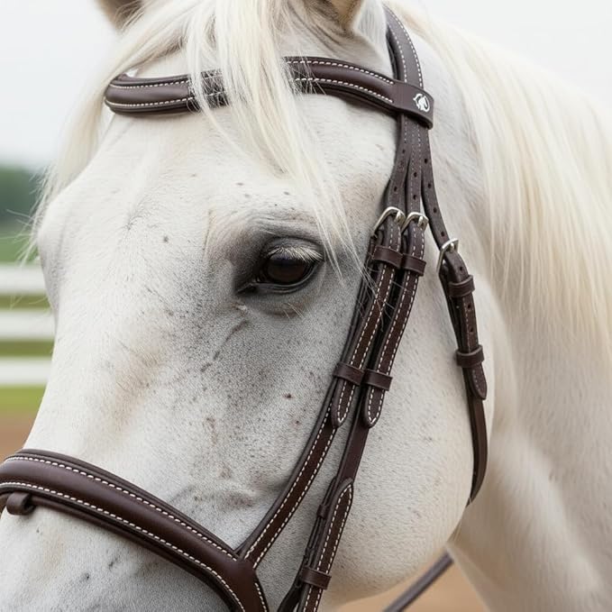 Equine Care Leather English Horse Bridle with Reins, Full Size, Choice of Browband Style, Padded Crown & Cavesson Noseband, Stainless Steel Hardware, Hunter Show Bridle.