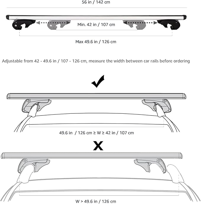 Amazon Basics Cross Rail Roof Rack, 56 inches, Fits up to 49.6" Spans between Raised Side Rails with Gap, 2-Pack, Black/Silver