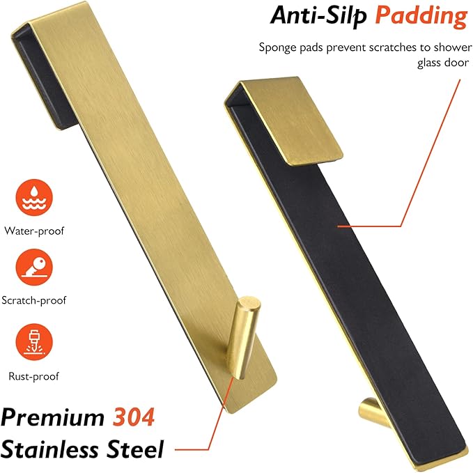 Shower Door Hooks(7.5 Inch),Extended Over Door Hooks for Bathroom Frameless Shower Door,Robe,Towel-2 Pack-Gold
