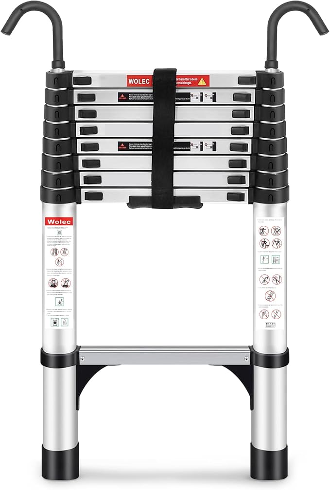 Telescoping Ladder, 8.5FT Aluminum Lightweight Portable Telescopic Ladder with Hook, Stabilizers & Wheels, Heavy Duty 330lbs Max Capacity, Extension Ladder for Roofs, RVs, Outdoor-Sliver