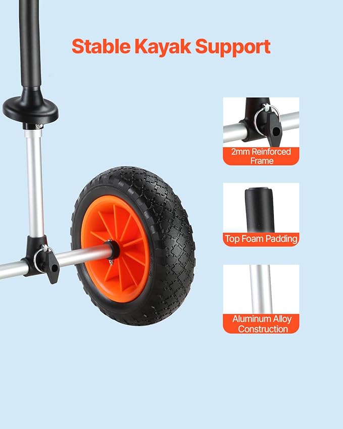 VEVOR Kayak Cart, 280lbs Load Capacity with 10 Inch Solid Tires, Heavy Duty Detachable Canoe Trolley Cart with Adjustable Width & Top Foam Protection, for Kayaks with Drain Holes of 2.54cm and Above