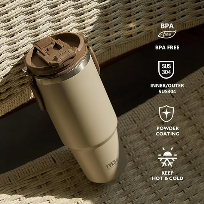TYESO Tumbler with Flip Straw & Sip Lid, Vacuum Insulated Water Bottle, Double Wall Stainless Steel Coffee Cup Travel Mug Leak Proof (DARK-PINK, 30 OZ)