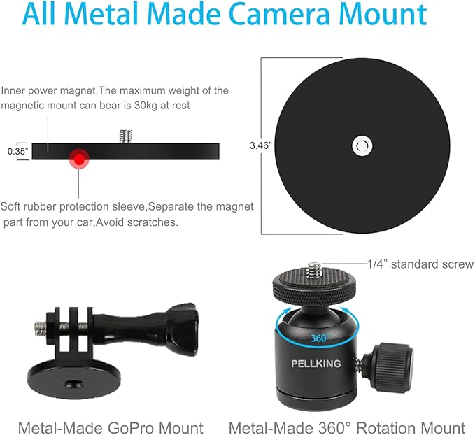 PellKing Magnet Camera Mount for GoPro 13/Insta360 X5/X4/X3,Heavy-Duty Metal Car Magnetic Camera Mount with 360 Degree Rotation Ball Head for Car,Compatible with GoPro Hero 13 12 11 Black 8/7/6/5,Etc
