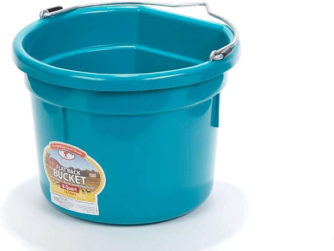 Little Giant® Flat Back Plastic Animal Feed Bucket | Animal Feed Bucket with Metal Handle | Horse Stall Feeding and Watering Supplies (Teal, 8 Quart)