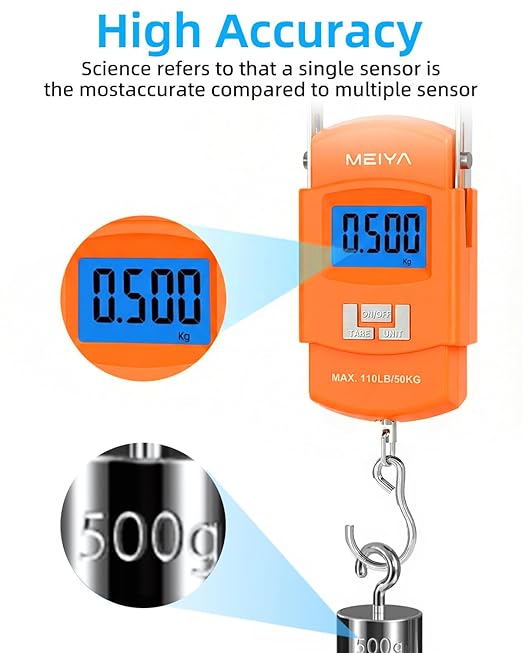 MEIYA Fish Scale 110lb/50kg Digital Fishing Scale with Backlit LCD, Portable Handle, Stainless Steel Hook & 2 AAA Batteries – Great Fishing Gifts for Men, Orange