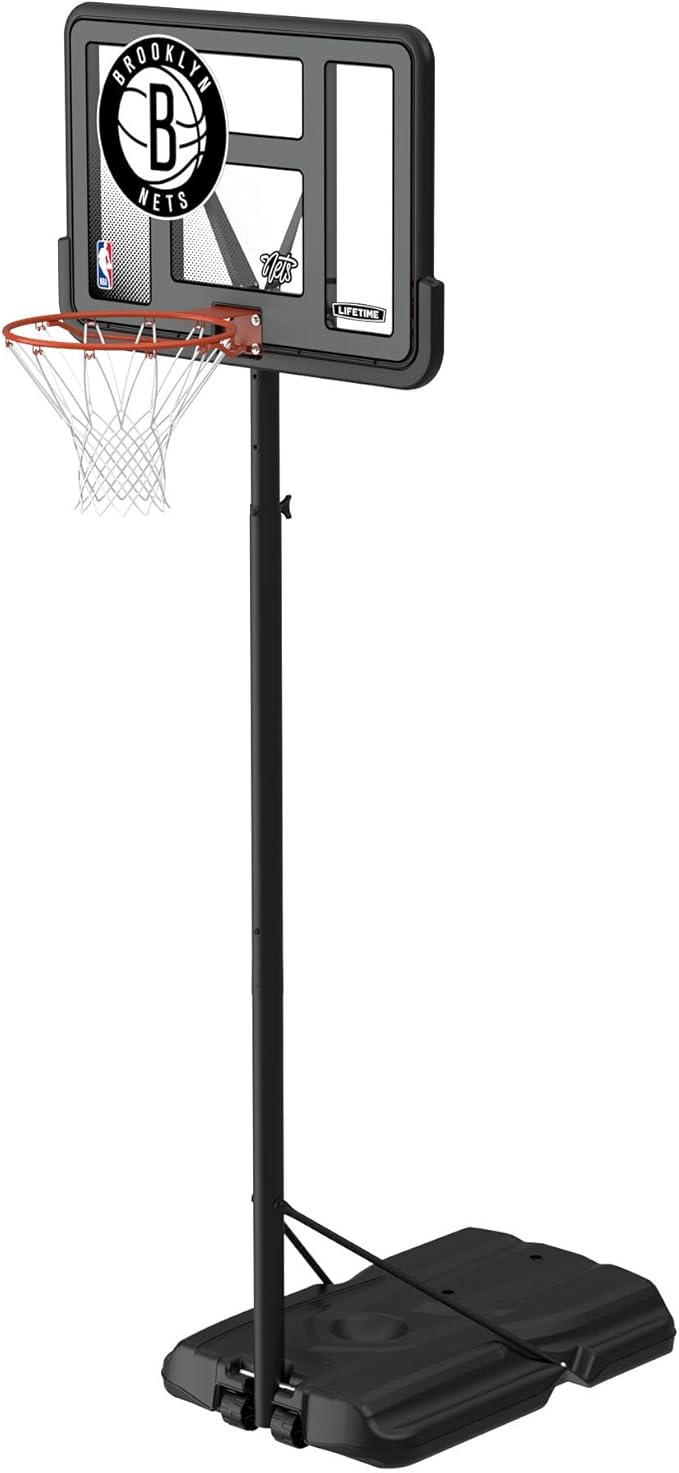 Lifetime NBA Brooklyn Nets Portable Basketball Hoop, Adjustable Height 7.5-10 Ft, 44 Inch Shatterproof Fusion Backboard, Base with Wheels