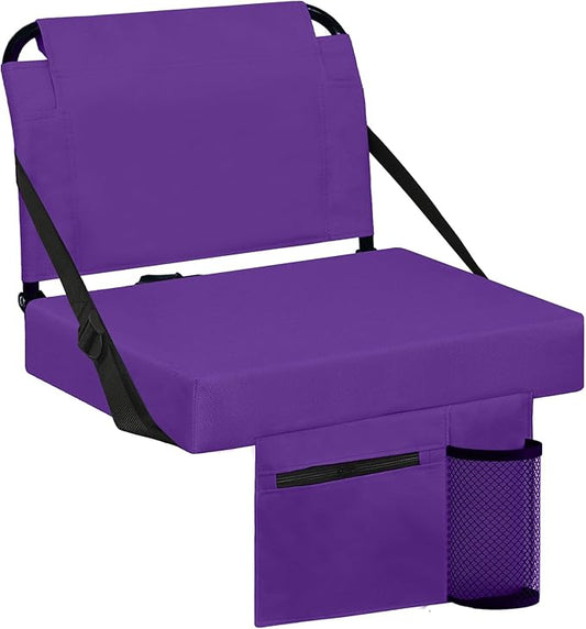 Stadium Seats for Bleachers with Back Support Bleacher Seat Soft Cushion Light Weight Includes Shoulder Strap & Cup Holder, Front & Back Zipper Pocket, Suitable for Sports Events,Purple