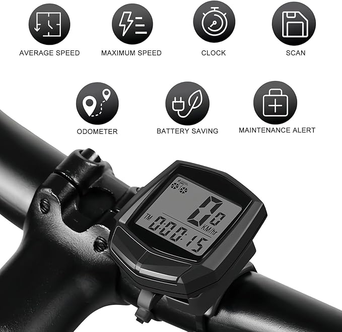 Bike Computer, Bike Speedometer and Bicycle Odometer Waterproof Cycling/Cycle Computer with LCD Display, Automatic Wake-Up, Multi-Functions for Road Bike MTB