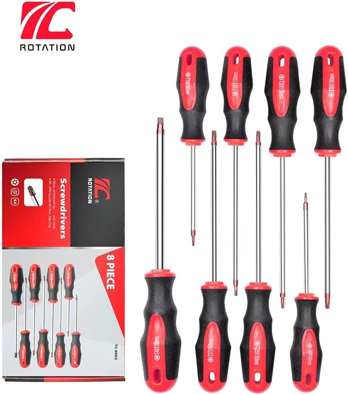 ROTATION 8個マグネットチップトルクスドライバーセット、8トルクス星型ドライバー、T8、T10、T15、T20、T25、T27、T30、T40赤チップ | レッド、光沢、S2鋼