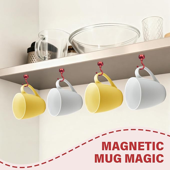 Magnetic Hooks, 30 lbs Magnetic Hooks, Magnet Hook for Cruise Cabins, Magnet Metal Hooks for Refrigerator, Mugs, Classroom, Kitchen, Home (Red, 8 Pack)