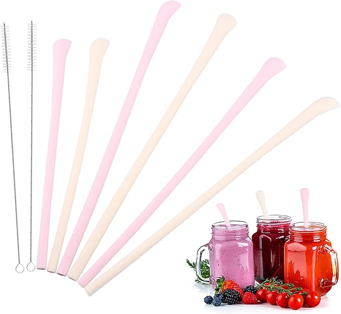 6 Pcs Anti Wrinkle Straw, Flat Wide Drinking Straw Compatible with Stanley 40 oz & 30 oz, Reusable Flexible Wrinkle Long Drinking Straws with Cleaner Brush, Perfect for Lip Filler