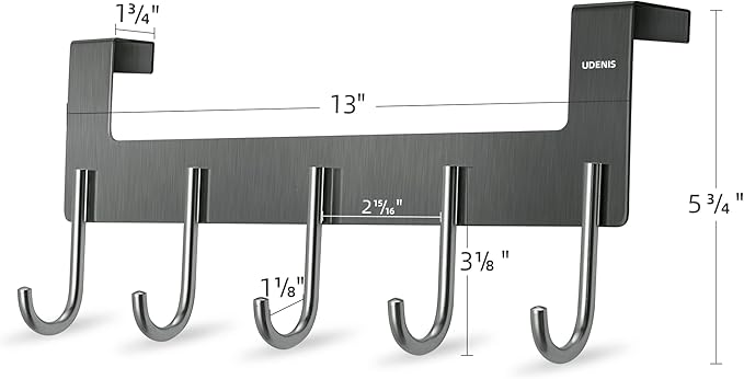Over Door Hanger, Metal Over The Door Hook Rack with 5 Hooks, Towel Rails for Hanging Towel Robe Coat Bathroom Bedroom Grey