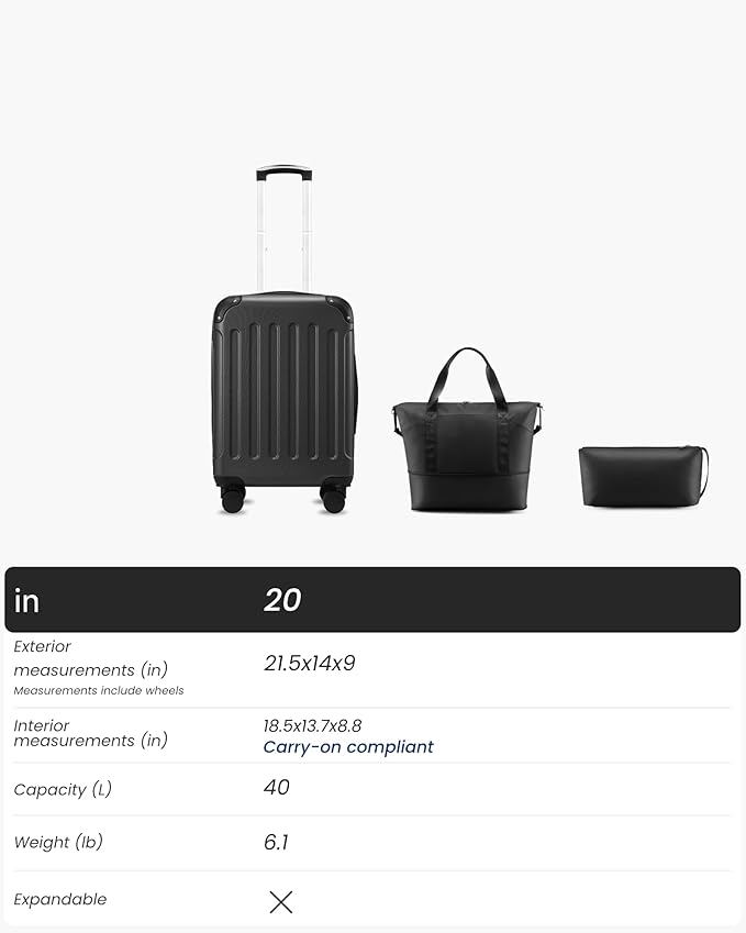 機内持ち込み手荷物 22x14x9 航空会社承認済み、車輪付きハードサイドスーツケース、TSA承認済み、トートバッグ、ブルー