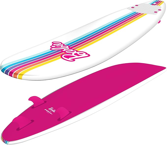 Barbie™ Signature 8ft Surfboard by Wavestorm | Graphic top Deck with high Density Slick Bottom | for Kids and Adults |Foam Construction with Accessories | Leg Leash and Fin Set Included,White