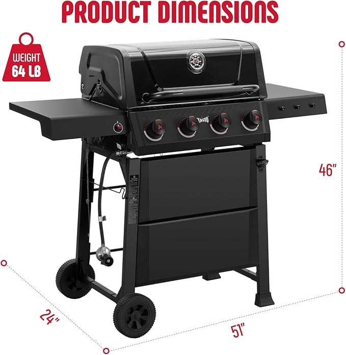 4 Burner Gas Grill, 36,000 BTU Outdoor BBQ Grill with Side Table for Outdoor Cooking & Backyard Barbecue, Premium Enameled Coated Chamber Body with Porcelain-Enameled Grates, Black