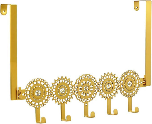Gold Bohemian Over The Door Hooks Hanger Wall Mount Towel Hanger Door Holder Organizer 5 Hooks Kawaii Farmhouse Rustic Coquettish Style Decor for Bedroom Bathroom Towel Hat Clothes
