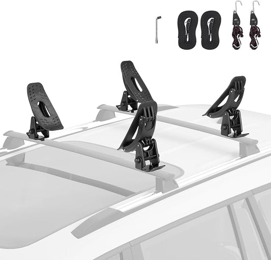 JOYTUTUS T-Slot Kayak Roof Rack Saddles, Only Fits for Auto Cross Bars with T-Track to Carrier Kayak Paddle Board Surfboard with Tie Down Straps Ratchet Strap,150LBS Load Capacity 2 Pairs