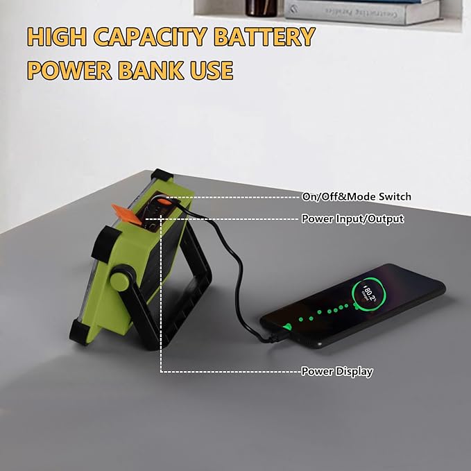 120Wソーラー充電式作業灯、144LEDポータブル投光器スタンド付き、IP66防水4モードLED作業場照明懐中電灯、整備、キャンプ、釣り、自動車修理用（グリーン1個）