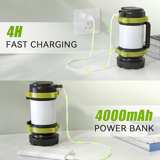 Alpswolf Camping Lantern Rechargeable, 4000mAh Camping Flashlight 6 Modes LED Lantern Portable Rechargeable Lanterns for Power Outage, Emergencies Light for Hiking, Green, 2 Packs