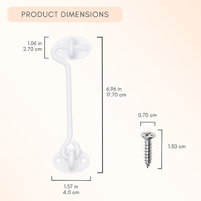 Eco-Fused 6-inch Heavy Duty Hook and Eye Latch - 1x Barn Door Lock (White), 4X Mounting Screws - Powder Coated Stainless Steel Hooks for Door, Windows, Sheds, Fences, Gates, Closets, Cabinets