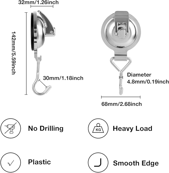 Heavy Duty Vacuum Wreath Cup Adhesive Hook，Hanging 13 lbs Robe Towel Hooks, Easy to Install and Remove, Super Suction for Kitchen，Bathroom and Restroom (Round Silver, 2Pack)