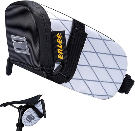 ENLEE Bicycle Saddle Bag, White Reflective Bike Seat Bag with Taillight Hangers, Waterproof Bicycle Storage Pouch Under Seat with Independent Item Partitions for Mountain/Road/Gravel Bikes, Small