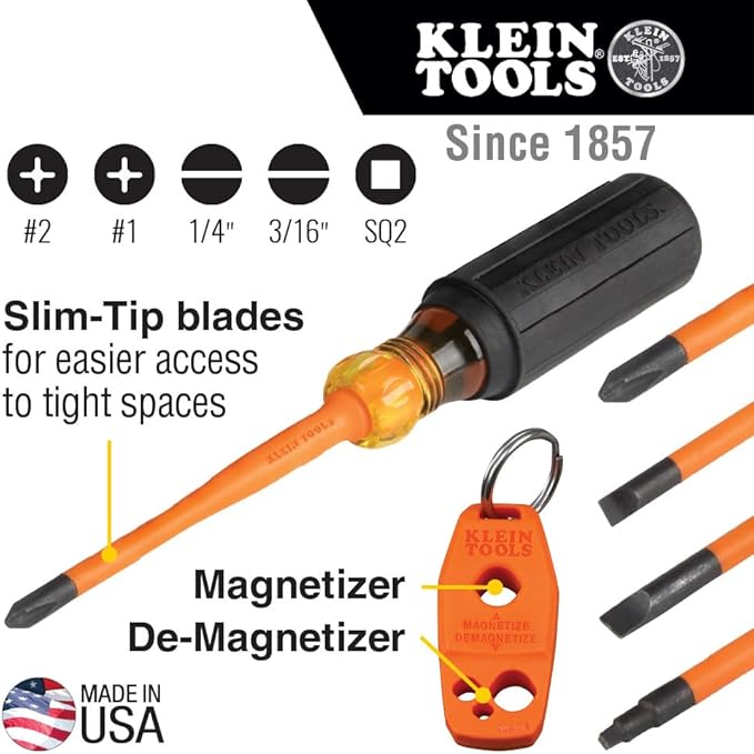 Klein Tools 33736INS Insulated Screwdriver Set, Made in USA, 1000V Slim-Tip Driver with Phillips, Cabinet and Square Bits and a Magnetizer, 6-Piece